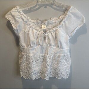 Urban Romantics Womens White Cotton Lace Smocked Ruffle Top Large Fairy Coquette